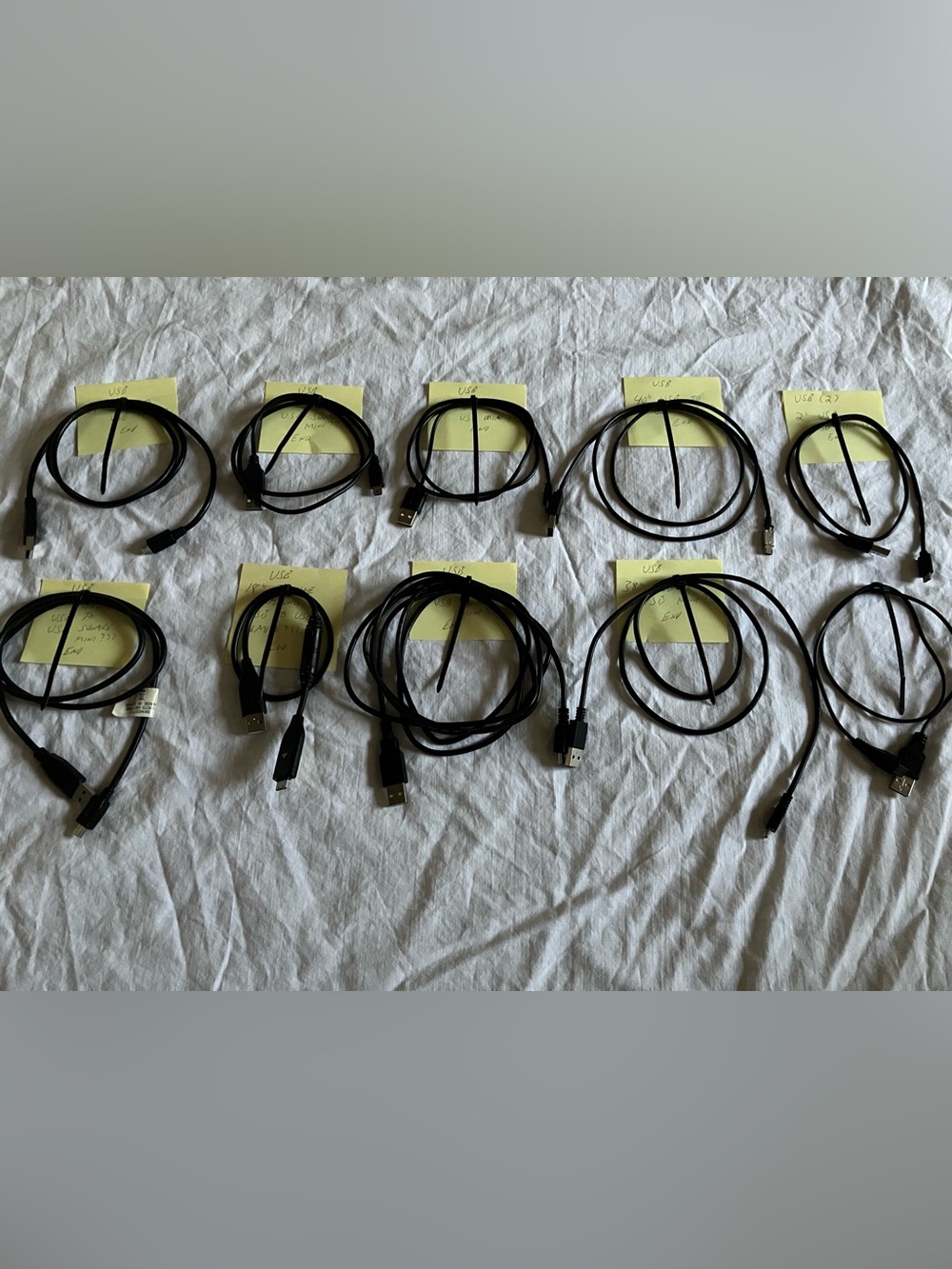 Lot of 10 Black USB Cords, Samsung Motorola, 18" to 80" Various Connector B Ends